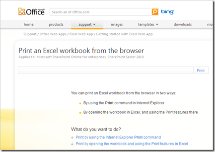 Office support excel print